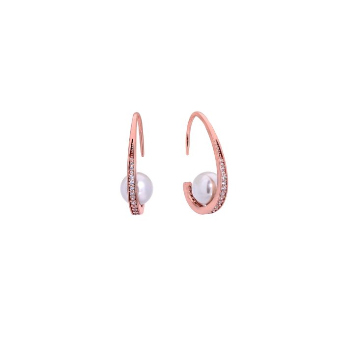 Ασημένια, 925, ροζ επιχρυσωμένα σκουλαρίκια με γάντζους, στολισμένα με πέρλες και λευκά ζιργκόν