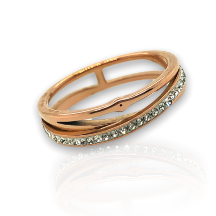 Ατσάλινο δαχτυλίδι, σε ροζ χρυσό χρώμα, με λευκά swarovski