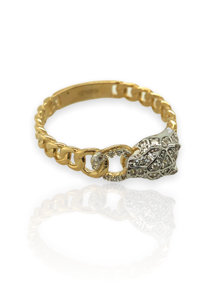 Χρυσό δαχτυλίδι, 9 καρατίων, με τον πάνθηρα, στολισμένο με λευκά ζιργκόν και διχρωμία μετάλλου