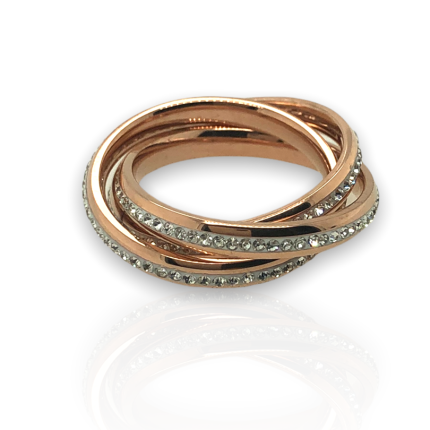Ατσάλινο τρίβερο δαχτυλίδι, στολισμένο με λευκά swarovski, σε ροζ χρυσό χρώμα.