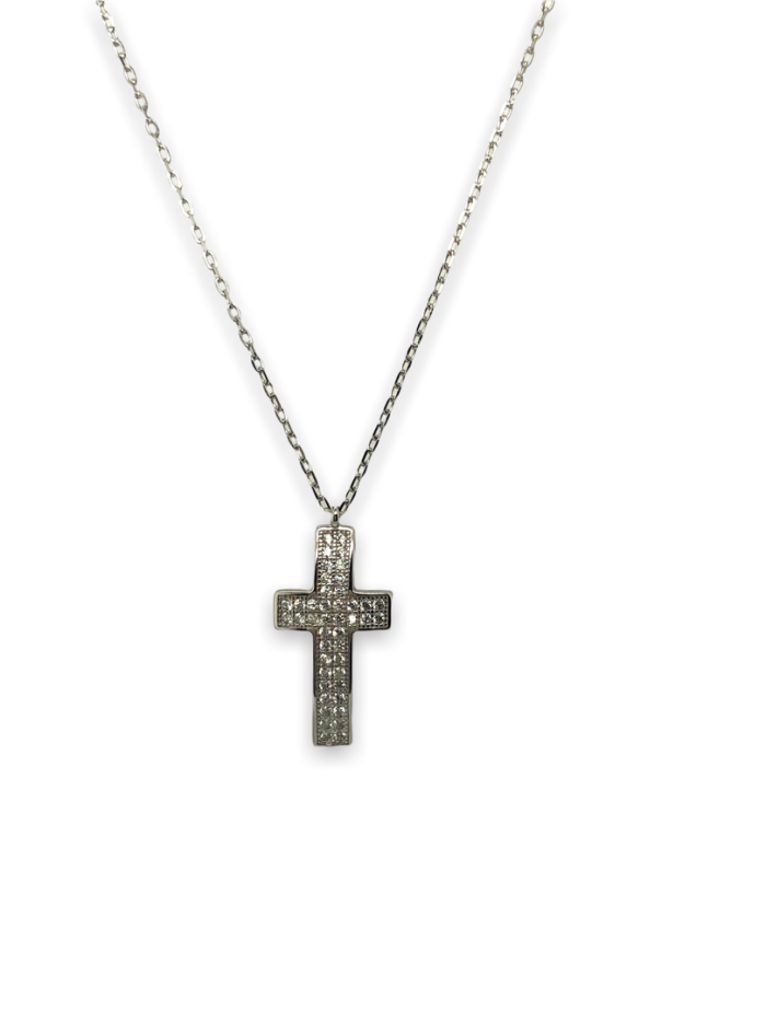 Ασημένιος, 925, επιπλατινωμένος σταυρός με αλυσίδα, στολισμένος με λευκά ζιργκόν