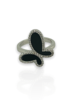 Ασημένιο, 925, επιπλατινωμένο δαχτυλίδι πεταλούδα, στολισμένο με μαύρο όνυχα και λευκά ζιργκόν.