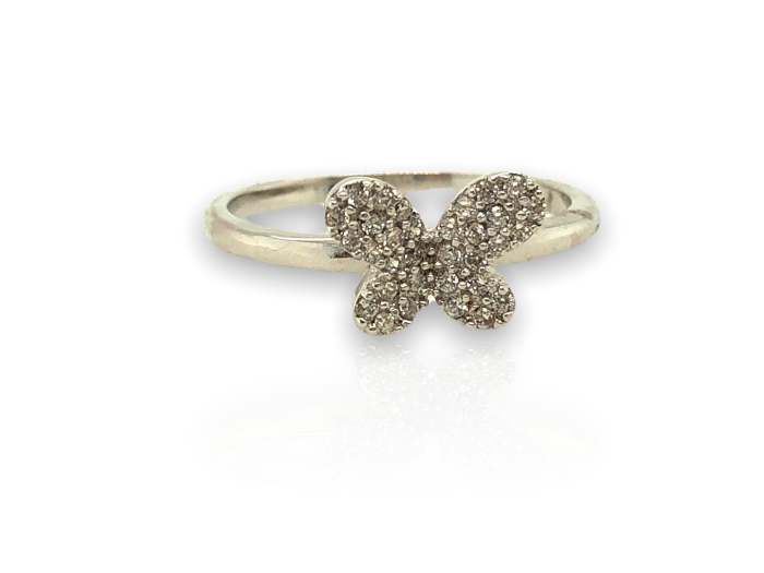 Ασημένιο, 925, επιπλατινωμένο δαχτυλίδι, σχέδιο πεταλούδα, στολισμένο με λευκά ζιργκόν.