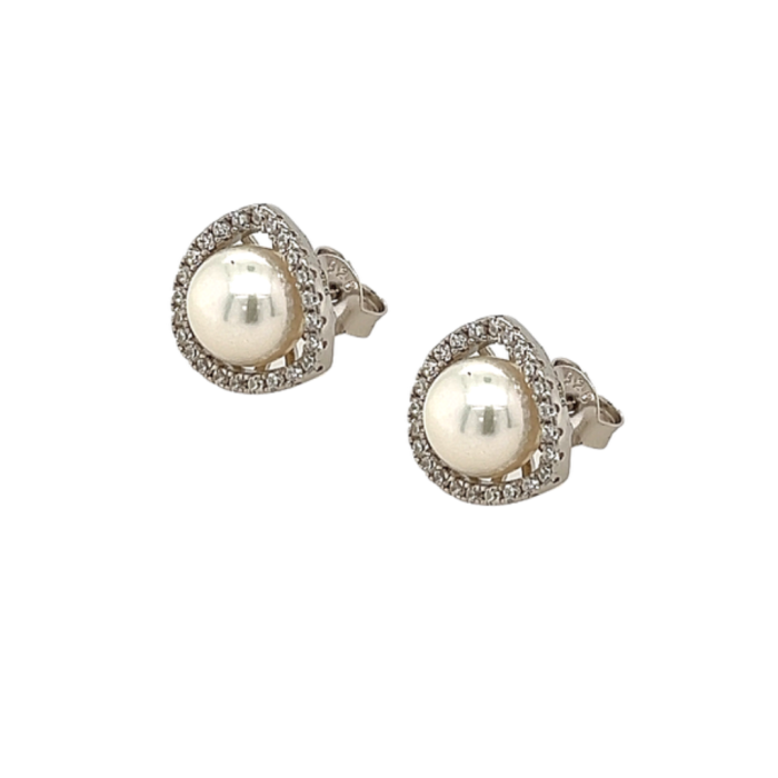 Ασημένια, 925, επιπλατινωμένα σκουλαρίκια με λευκά μαργαριτάρια και ζιργκόν
