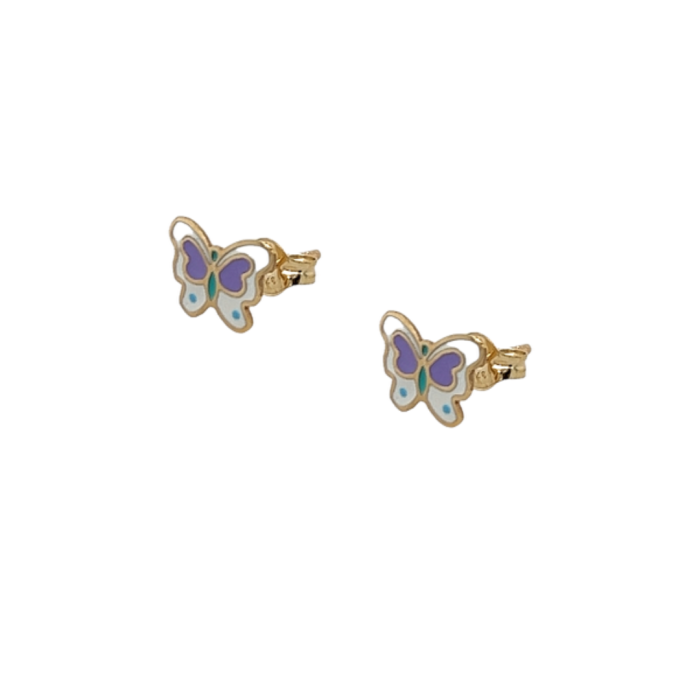 Χρυσά σκουλαρίκια, 9 καρατίων, με πεταλούδες με μοβ σμάλτο