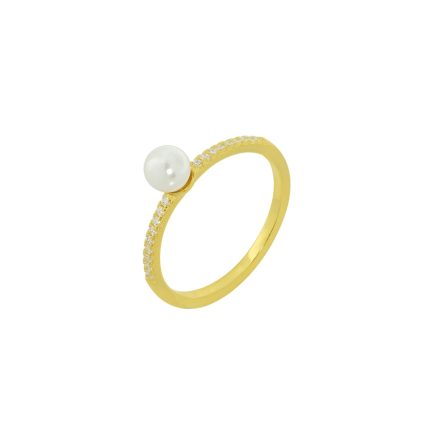 Ασημένιο, 925, επιχρυσωμένο λεπτό δαχτυλίδι με μαργαριτάρι και λευκά ζιργκόν
