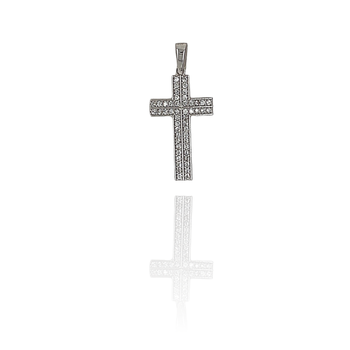 Γυναικείος λευκόχρυσος σταυρός, 9 καρατίων, με λευκά ζιργκόν