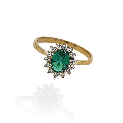 Χρυσό γυναικείο δαχτυλίδι, 9 καρατίων, ροζέτα, στολισμένη με πράσινο και λευκά ζιργκόν