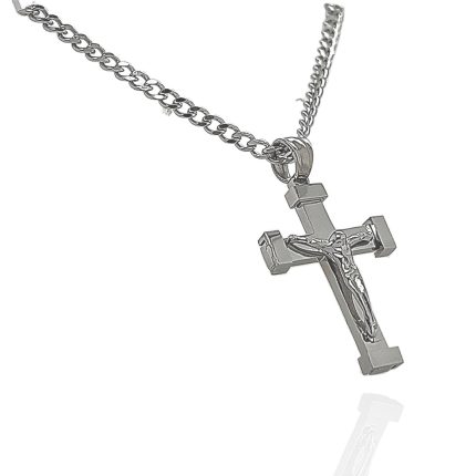 Ατσάλινος ανδρικός σταυρός με τον Εσταυρωμένο και αλυσίδα μήκους 50 εκ., σε ασημί χρώμα