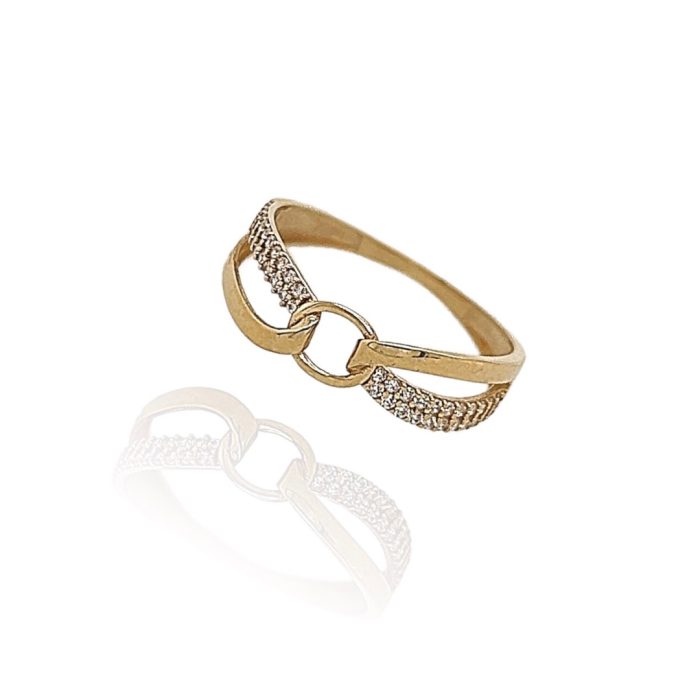 Χρυσό γυναικείο δαχτυλίδι, 9 καρατίων, σχέδιο χιαστί, στολισμένο με λευκά ζιργκόν