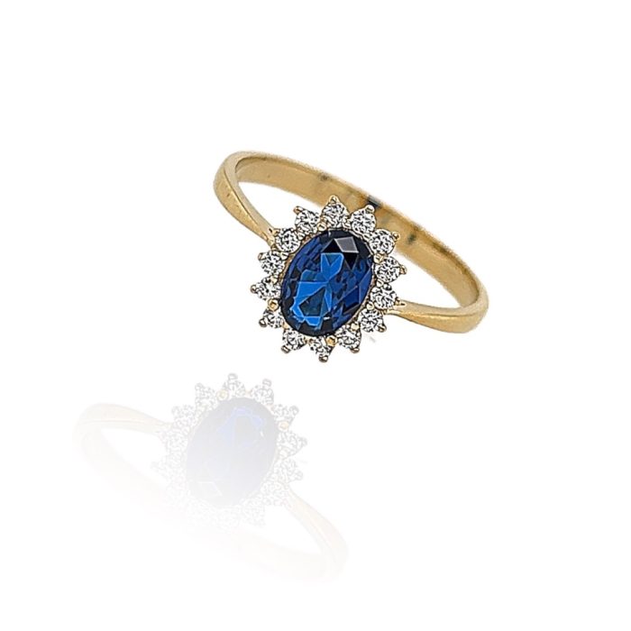 Χρυσό γυναικείο δαχτυλίδι, 9 καρατίων, ροζέτα, στολισμένη με μπλε και λευκά ζιργκόν