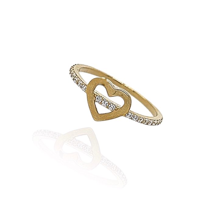 Χρυσό γυναικείο δαχτυλίδι, 9 καρατίων, σειρέ με καρδιά στο κέντρο, στολισμένο με λευκά ζιργκόν