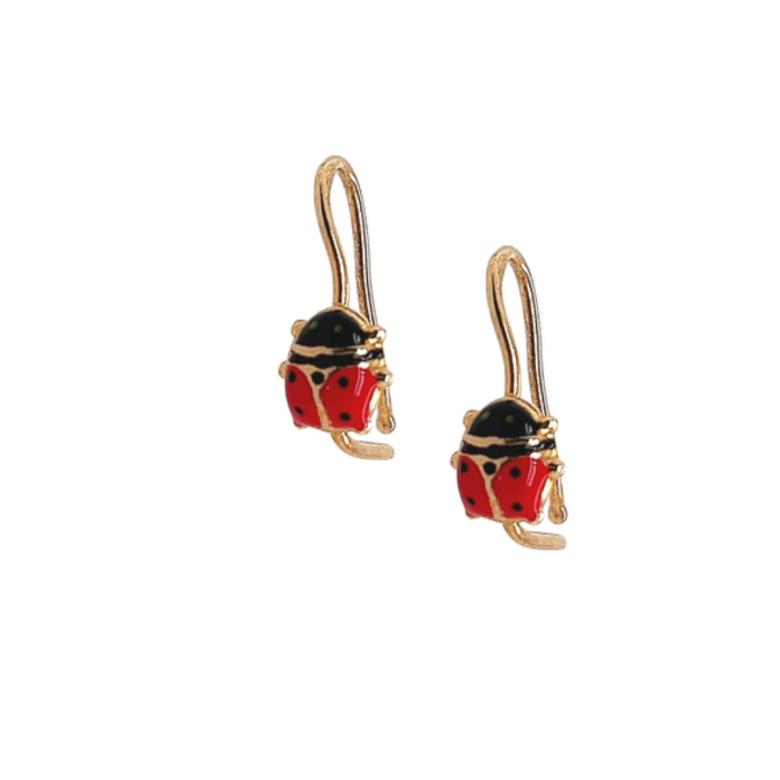 Ασημένια, 925, επιχρυσωμένα, παιδικά σκουλαρίκια με κόκκινες πασχαλίτσες και γάντζους με ασφαλές κούμπωμα