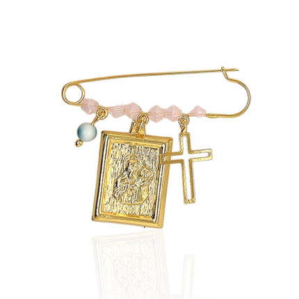 Ασημένια, 925, επιχρυσωμένη παραμάνα για κορίτσι με τον αγιο Στυλιανό και σταυρό στολισμένα με ροζ χαντρούλες