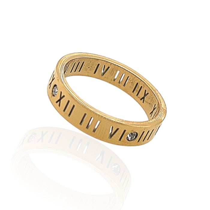 Ατσάλινο βεράκι- δαχτυλίδι, με λατινικούς αριθμούς και λευκά ζιργκόν, σε χρυσό χρώμα