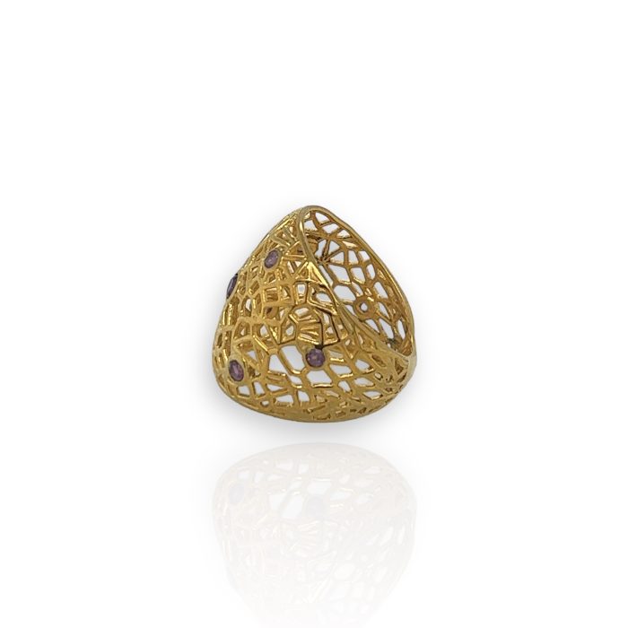Nina Gold E-shop | Χειροποίητο κόσμημα, Πύργος Ηλείας Ασημένιο, 925, επιχρυσωμένο φαρδύ χειροποίητο δαχτυλίδι, στολισμένο με ορυκτούς αμέθυστους