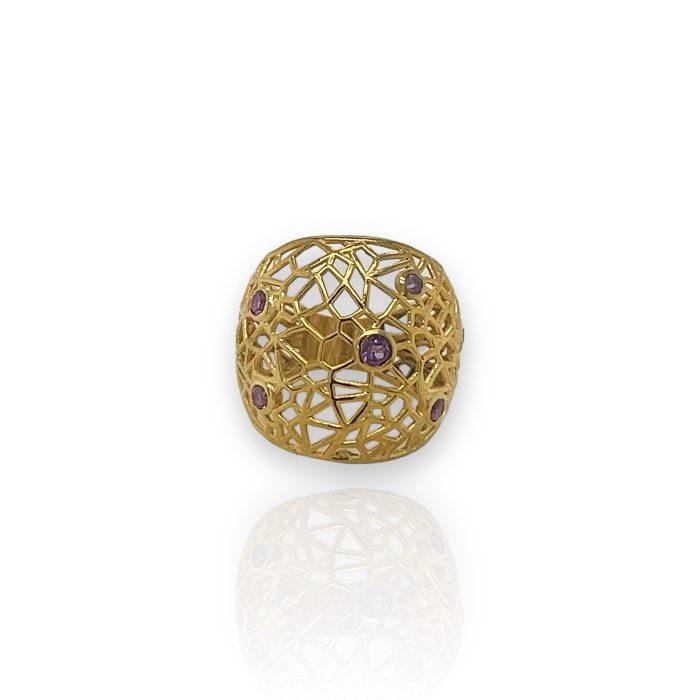 Nina Gold E-shop | Χειροποίητο κόσμημα, Πύργος Ηλείας Ασημένιο, 925, επιχρυσωμένο φαρδύ χειροποίητο δαχτυλίδι, στολισμένο με ορυκτούς αμέθυστους