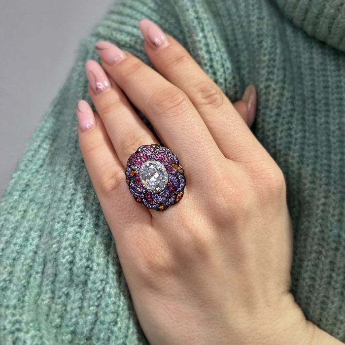 Nina Gold E-shop | Χειροποίητο κόσμημα, Πύργος Ηλείας Ασημένιο, 925, επιπλατινωμένο δαχτυλίδι, one size, σε οβάλ σχήμα, στολισμένο με πολύχρωμα ζιργκόν