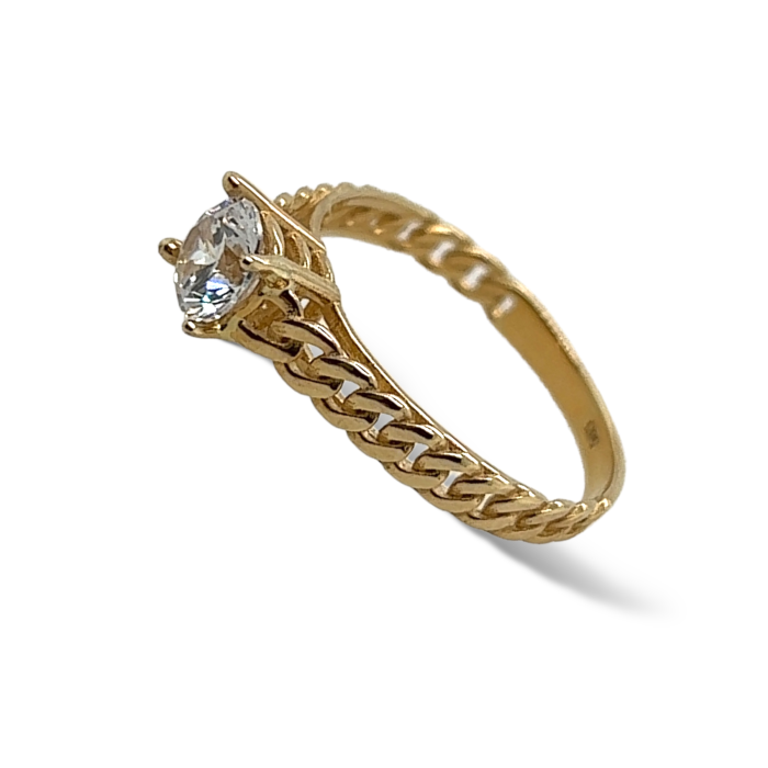 Nina Gold E-shop | Χειροποίητο κόσμημα, Πύργος Ηλείας Χρυσό μονόπετρο δαχτυλίδι, 14 καρατίων, με ζιργκόν και σχέδιο καδένας