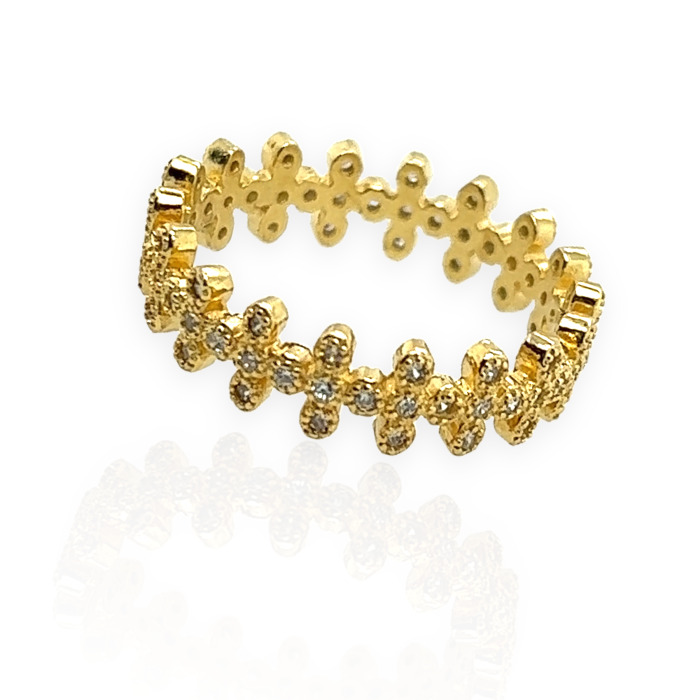 Nina Gold E-shop | Χειροποίητο κόσμημα, Πύργος Ηλείας Ασημένιο, 925, επιχρτυσωμένο σειρέ δαχτυλίδι, με λευκά ζιργκόν και σχέδιο σταυρουδάκια