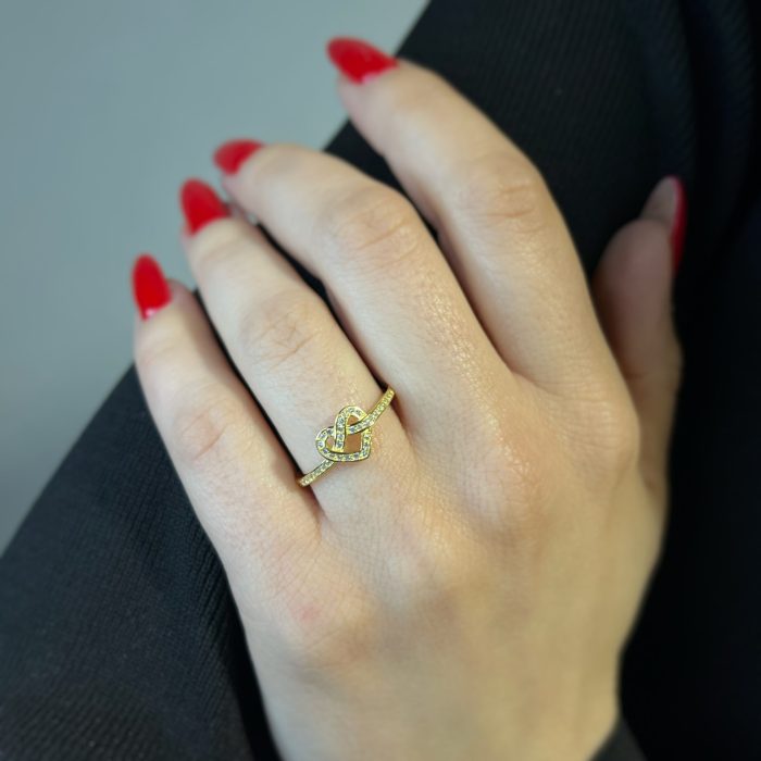 Nina Gold E-shop | Χειροποίητο κόσμημα, Πύργος Ηλείας Ασημένιο, 925, επιχρυσωμένο δαχτυλίδι, με καρδιά, στολισμένη με λευκά ζιργκόν