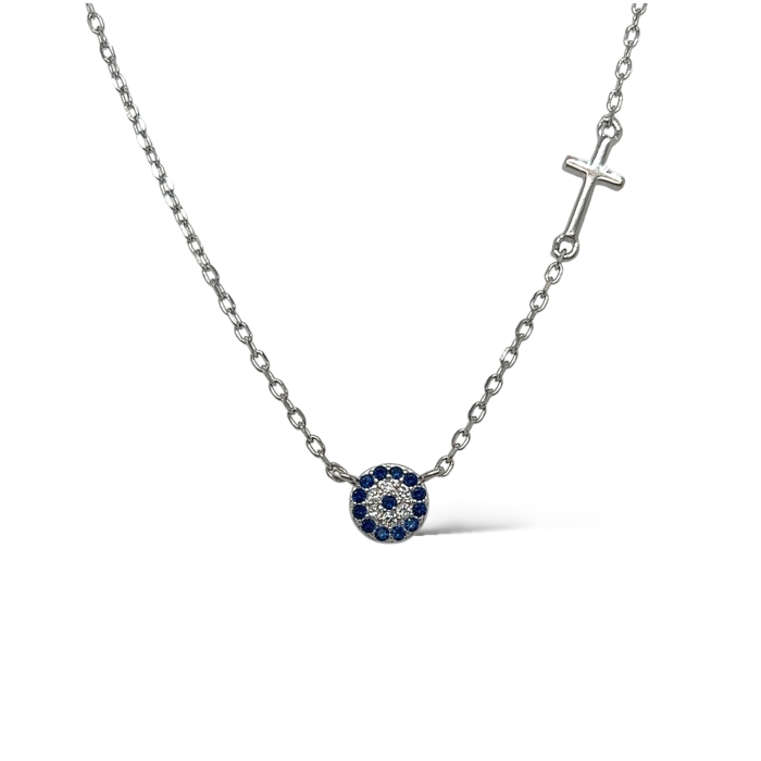 Nina Gold E-shop | Χειροποίητο κόσμημα, Πύργος Ηλείας Ασημένιο, 925, επιπλατινωμένο κολιέ με μάτι και σταυρό, στολισμένο με λευκά και μπλε ζιργκόν