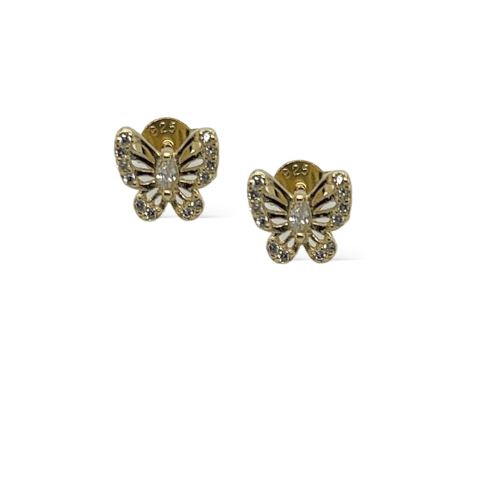 Nina Gold E-shop | Χειροποίητο κόσμημα, Πύργος Ηλείας Ασημένια, 925, επιχρυσωμένα σκουλαρίκια,πεταλούδες, στολισμένα με λευκά ζιργκόν