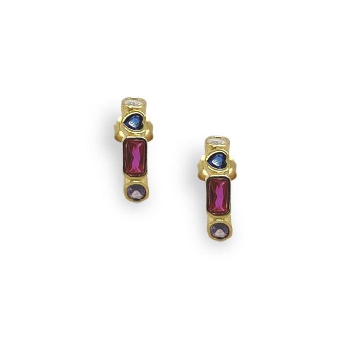 Nina Gold E-shop | Χειροποίητο κόσμημα, Πύργος Ηλείας Ασημένια, 925, επιχρυσωμένα κρικάκια, στολισμένα με πολύχρωμα ζιργκόν