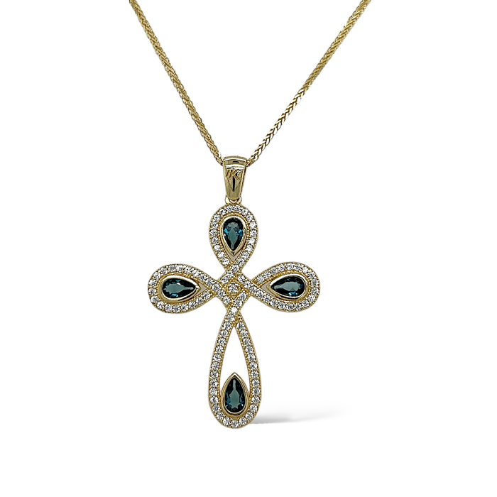 Nina Gold E-shop | Χειροποίητο κόσμημα, Πύργος Ηλείας Χρυσός γυναικείος σταυρός, 14 καρατίων, στολισμένος με λευκά ζιργκόν και ορυκτές blue topaz