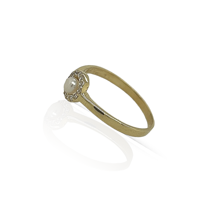 Nina Gold E-shop | Χειροποίητο κόσμημα, Πύργος Ηλείας Χρυσό δαχτυλίδι, 9 καρατίων, ροζέτα, στολισμένη με μαργαριτάρι και λευκά ζιργκόν