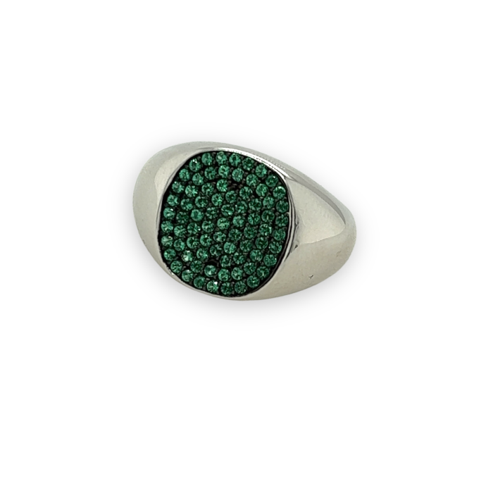 Nina Gold E-shop | Χειροποίητο κόσμημα, Πύργος Ηλείας Ασημένιο επιπλατινωμένο one size δαχτυλίδι, σεβαλιέ, στολισμένο με πράσινα ζιργκόν