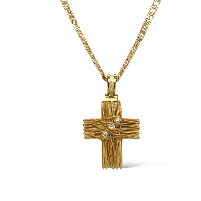 Nina Gold E-shop | Χειροποίητο κόσμημα, Πύργος Ηλείας Χρυσός σταυρός, 14 καρατίων, με στριφτά σύρματα και μπριγιαντάκια 0.05 ct