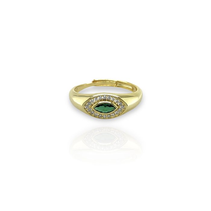 Nina Gold E-shop | Χειροποίητο κόσμημα, Πύργος Ηλείας Ασημένιο, 925, επιχρυσωμένο δαχτυλίδι, one size, με λευκά και πράσινο ζιργκόν