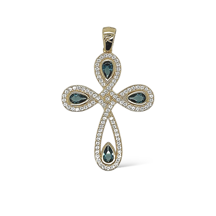 Nina Gold E-shop | Χειροποίητο κόσμημα, Πύργος Ηλείας Χρυσός γυναικείος σταυρός, 14 καρατίων, στολισμένος με λευκά ζιργκόν και ορυκτές blue topaz