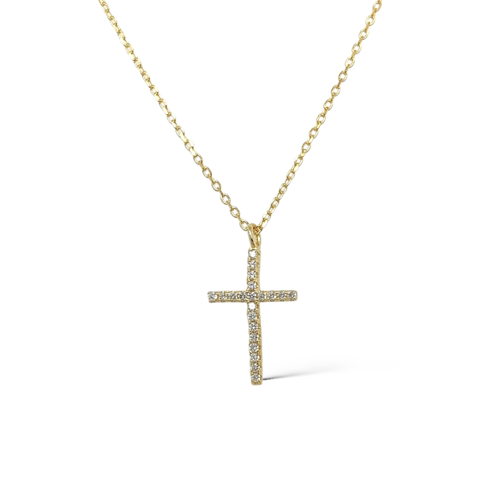 Nina Gold E-shop | Χειροποίητο κόσμημα, Πύργος Ηλείας Ασημένιο, 925, επιχρυσωμένο κολιέ με σταυρό, στολισμένο με λευκά ζιργκόν