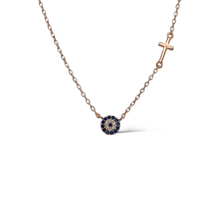 Nina Gold E-shop | Χειροποίητο κόσμημα, Πύργος Ηλείας Ασημένιο, 925, ροζ επιχρυσωμένο κολιέ με μάτι και σταυρό, στολισμένο με λευκά και μπλε ζιργκόν