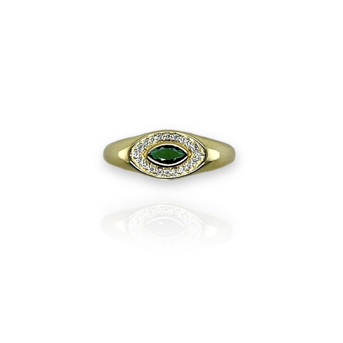 Nina Gold E-shop | Χειροποίητο κόσμημα, Πύργος Ηλείας Ασημένιο, 925, επιχρυσωμένο δαχτυλίδι, one size, με λευκά και πράσινο ζιργκόν