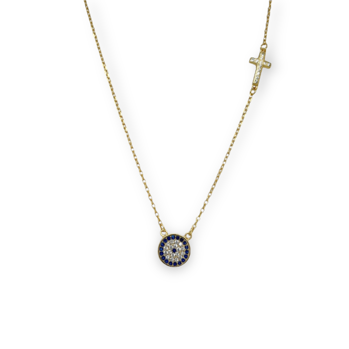Nina Gold E-shop | Χειροποίητο κόσμημα, Πύργος Ηλείας Ασημένιο, 925, επιχρυσωμένο κολιέ με ματάκι και σταυρό, στολισμένο με μπλε και λευκά ζιργκόν