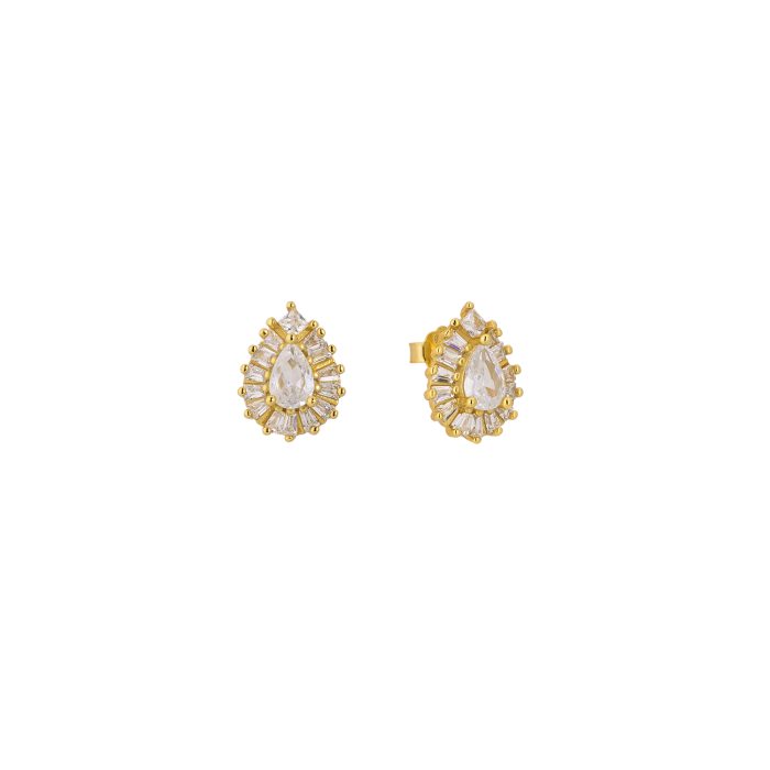 Nina Gold E-shop | Χειροποίητο κόσμημα, Πύργος Ηλείας Ασημένια, 925, επιχρυσωμένα σκουλαρίκια, σε σχήμα δάκρυ, με λευκά ζιργκόν