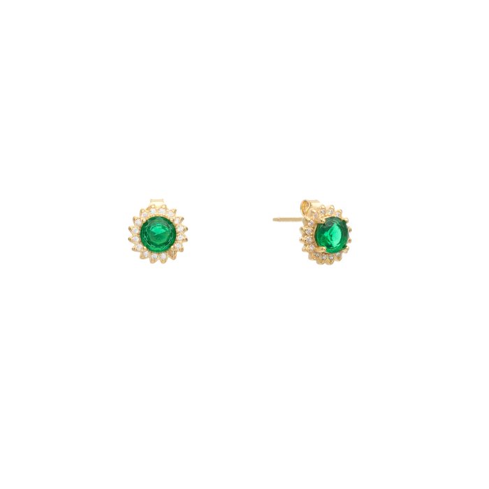 Nina Gold E-shop | Χειροποίητο κόσμημα, Πύργος Ηλείας Ασημένια, 925, επιχρυσωμένα καρφωτά σκουλαρίκια με λευκά και πράσινα ζιργκόν