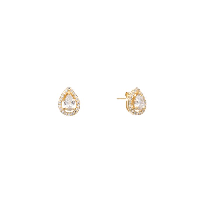 Nina Gold E-shop | Χειροποίητο κόσμημα, Πύργος Ηλείας Ασημένια, 925, επιχρυσωμένα καρφωτά σκουλαρίκια με λευκά ζιργκόν, σε σχήμα δάκρυ