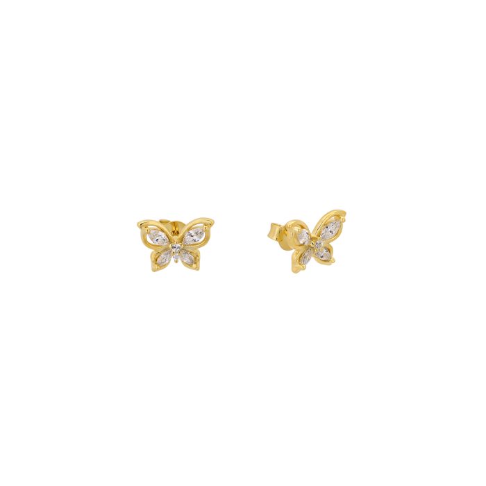 Nina Gold E-shop | Χειροποίητο κόσμημα, Πύργος Ηλείας Ασημένια, 925, επιχρυσωμένα σκουλαρίκια, πεταλούδες, στολισμένα με λευκά ζιργκόν
