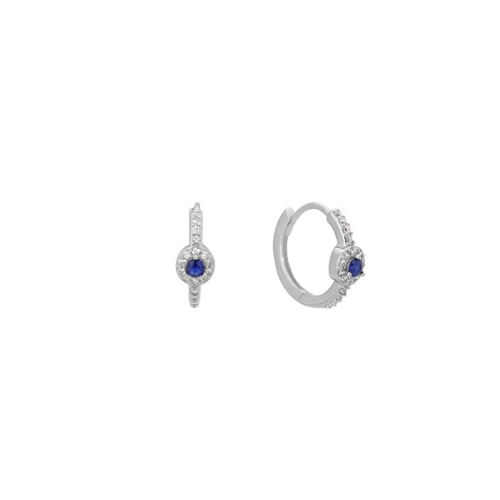 Nina Gold E-shop | Χειροποίητο κόσμημα, Πύργος Ηλείας Ασημένια, 925, επιπλατινωμένα κρικάκια, στολισμένα με λευκά και μπλε ζιργκόν
