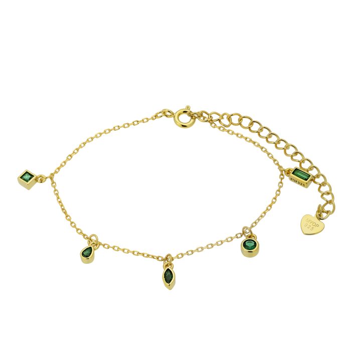 Nina Gold E-shop | Χειροποίητο κόσμημα, Πύργος Ηλείας Ασημένιο, 925, επιχρυσωμένο βραχιόλι, στολισμένο με κρεμαστά πράσινα ζιργκόν