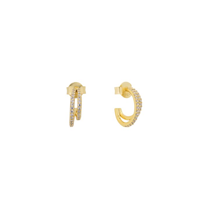 Nina Gold E-shop | Χειροποίητο κόσμημα, Πύργος Ηλείας Ασημένια, 925, επιχρυσωμένα διπλά κρικάκια, στολισμένα με λευκά ζιργκόν
