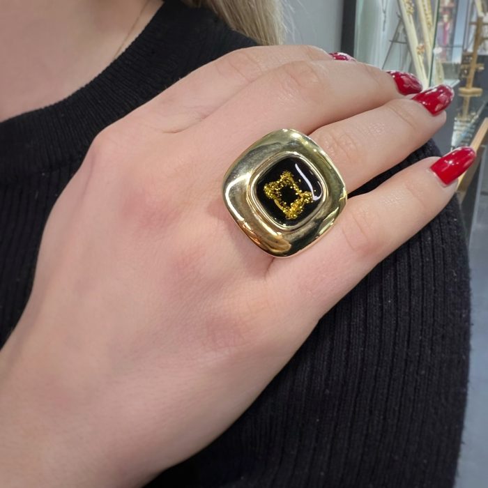 Nina Gold E-shop | Χειροποίητο κόσμημα, Πύργος Ηλείας Ασημένιο επιχρυσωμένο χειροποίητο γυναικείο δαχτυλίδι με διχρωικό γυαλί και ρινίσματα χρυσού