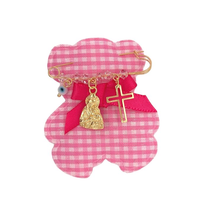 Nina Gold E-shop | Χειροποίητο κόσμημα, Πύργος Ηλείας Ασημένια επιχρυσωμένη παραμάνα για κορίτσι με την Παναγία και σταυρό, στολισμένα με ροζ χαντρούλες