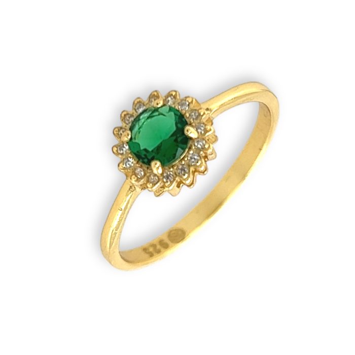 Nina Gold E-shop | Χειροποίητο κόσμημα, Πύργος Ηλείας Ασημένιο, 925, επιχρυσωμένο δαχτυλίδι ροζέτα, στολισμένο με πράσινο και λευκά ζιργκόν