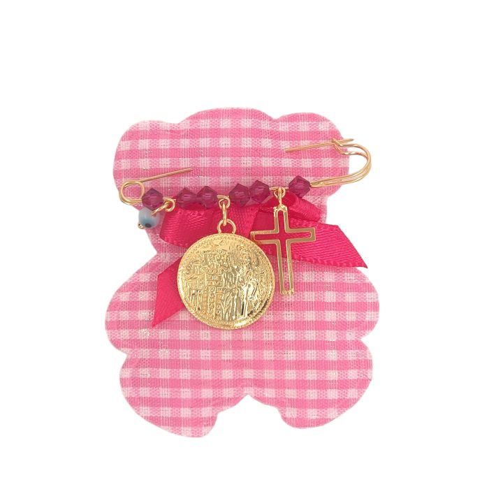 Nina Gold E-shop | Χειροποίητο κόσμημα, Πύργος Ηλείας Ασημένια, 925, επιχρυσωμένη παραμάνα για κορίτσι με Κωνσταντινάτο και σταυρό στολισμένα με ροζ χαντρούλες