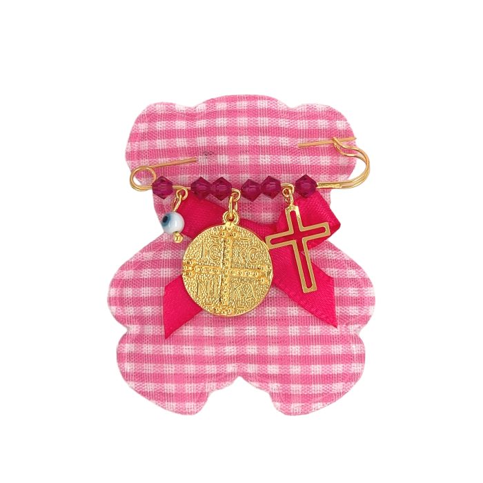 Nina Gold E-shop | Χειροποίητο κόσμημα, Πύργος Ηλείας Ασημένια επιχρυσωμένη παραμάνα για κορίτσι με πλακέτα και σταυρό, στολισμένα με ροζ χαντρούλες